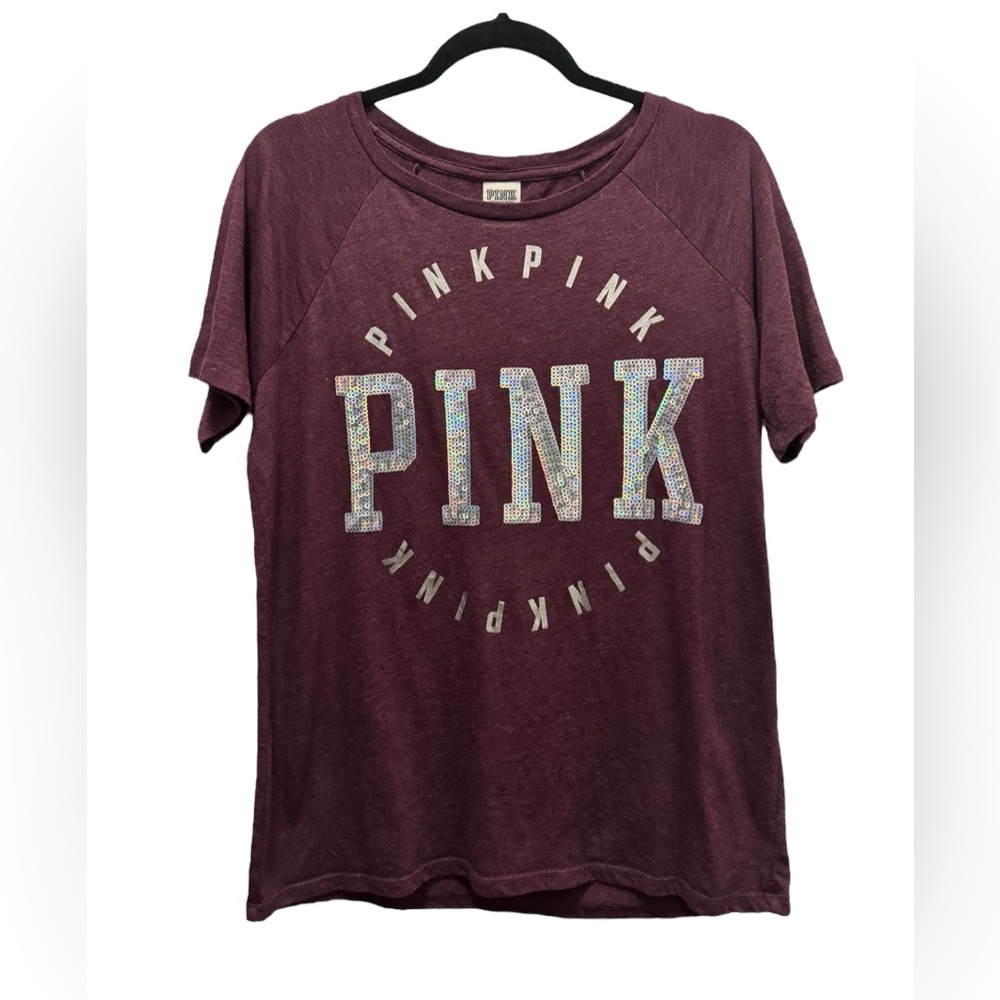Pink Victoria’s Secret Love Pink Silver Sequin T-shirt Swoop Neck Maroon Size L